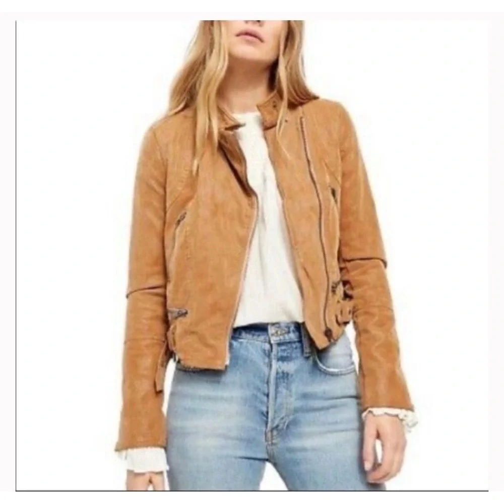 064 Free People We The Free Faux Leather Moto Jacket Camel Brown Quilted Zip Sm